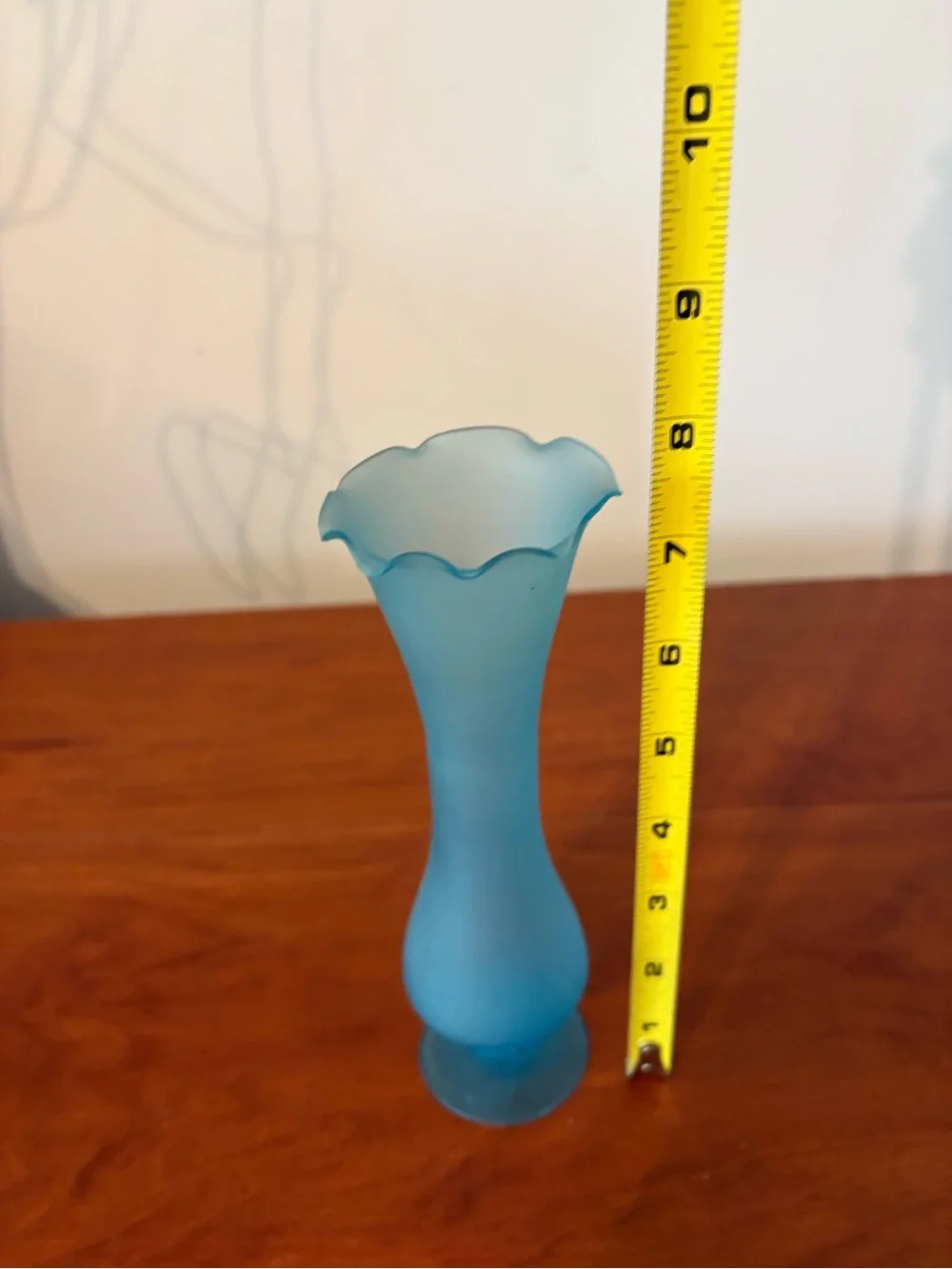 Vintage Frosted Blue Satin Art Glass Bud Vase Ruffled Scalloped Rim 8”